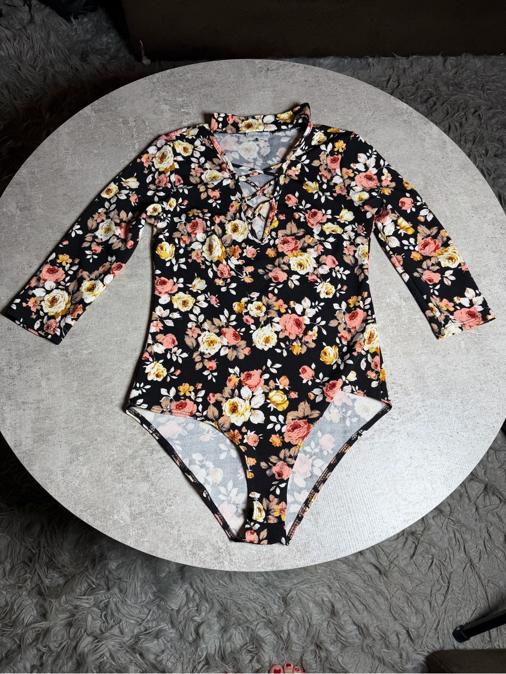 Charlotte Russe Black Floral Lace-Up Bodysuit with Pink & Yellow Roses